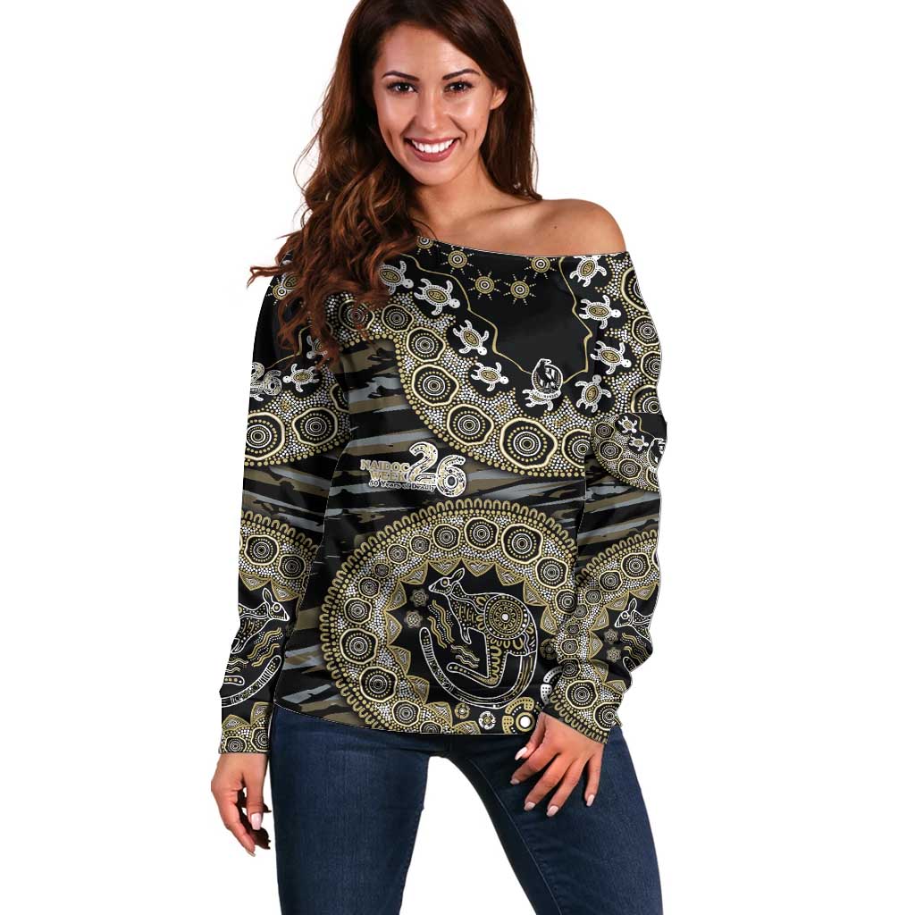 Collingwood Magpies NAIDOC Week 2026 Off Shoulder Sweater Australian Aboriginal Dot Art Dreamtime Pattern Style