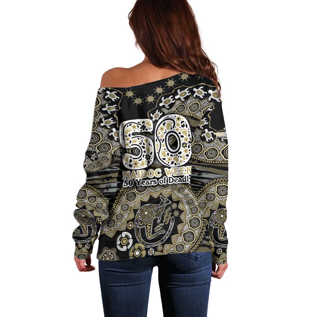 Collingwood Magpies NAIDOC Week 2026 Off Shoulder Sweater Australian Aboriginal Dot Art Dreamtime Pattern Style