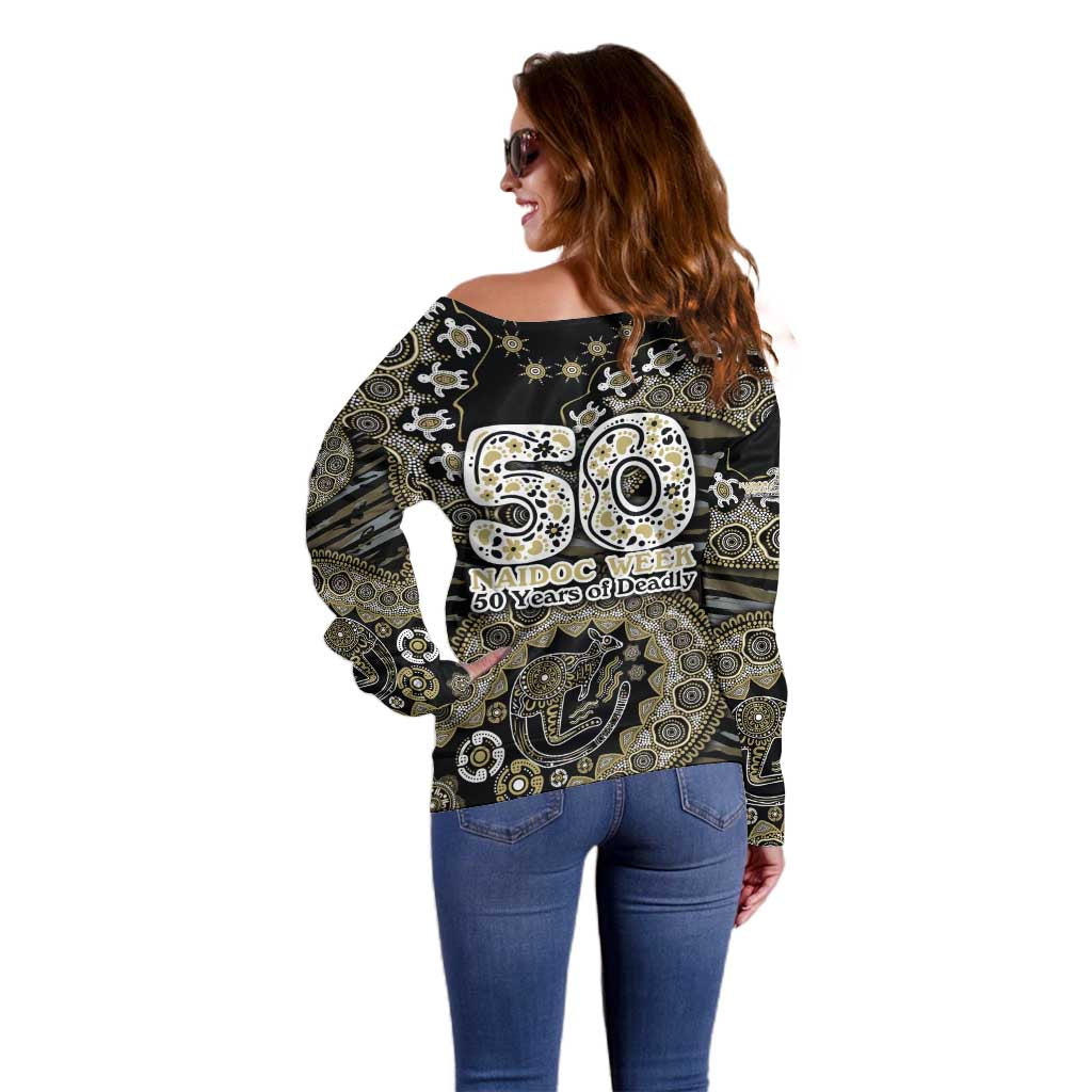 Collingwood Magpies NAIDOC Week 2026 Off Shoulder Sweater Australian Aboriginal Dot Art Dreamtime Pattern Style