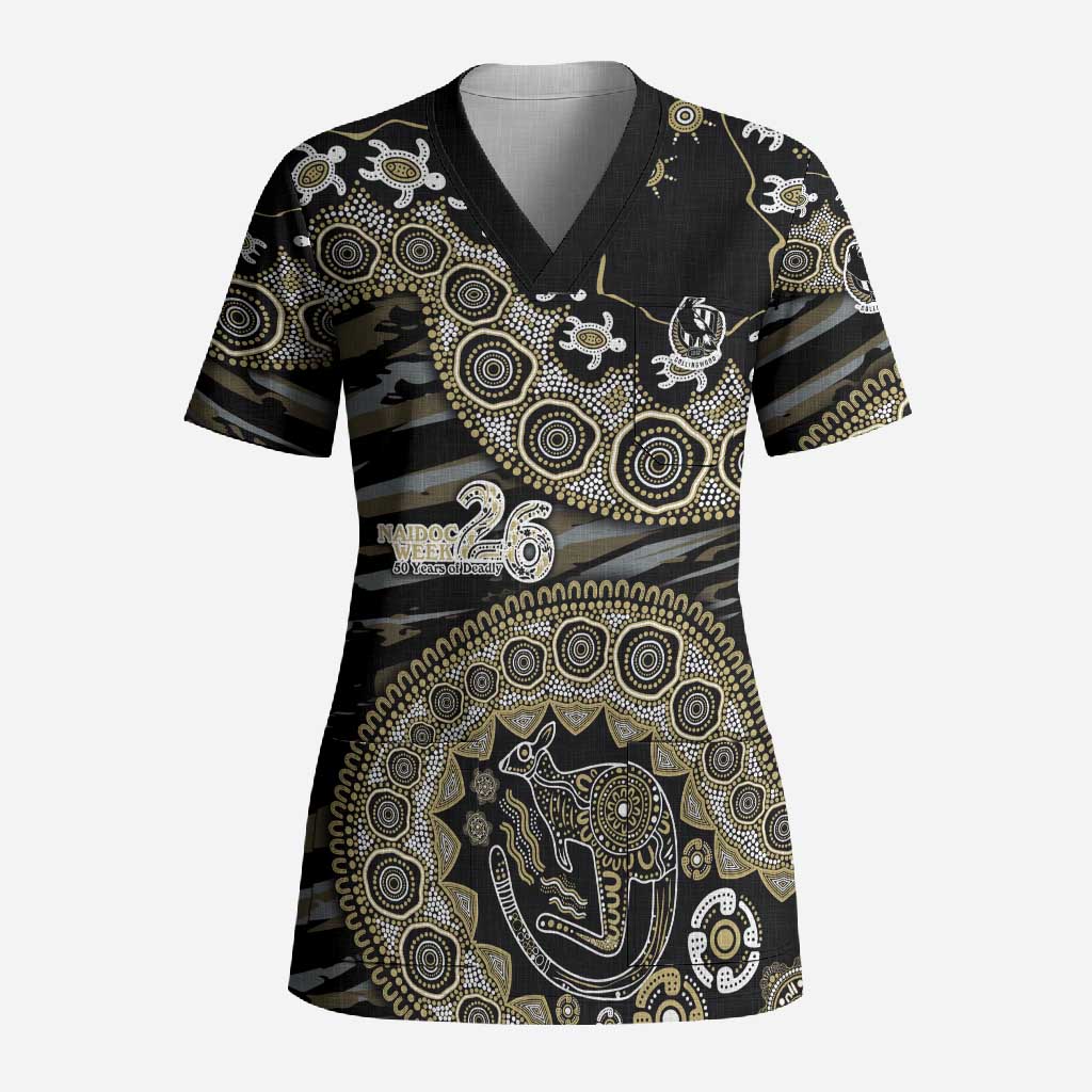 Collingwood Magpies NAIDOC Week 2026 Scrub Top Australian Aboriginal Dot Art Dreamtime Pattern Style
