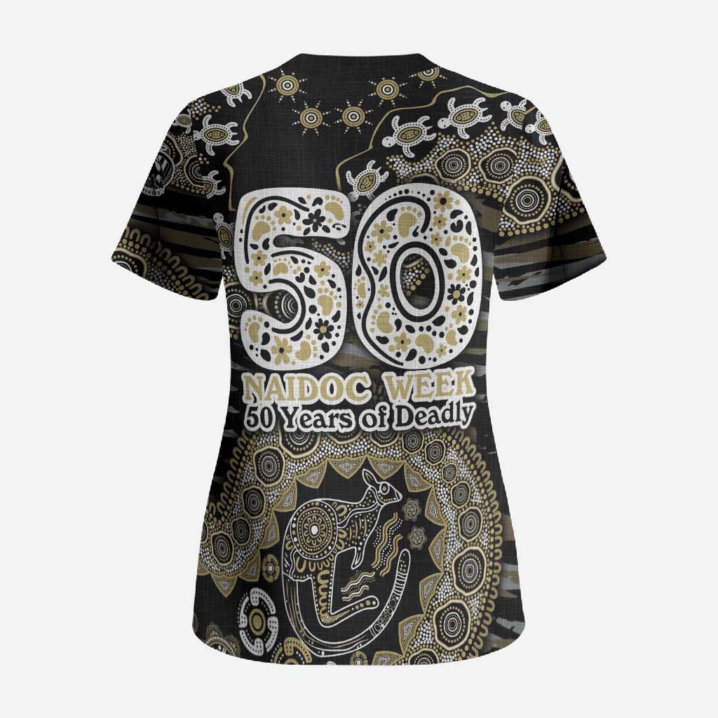 Collingwood Magpies NAIDOC Week 2026 Scrub Top Australian Aboriginal Dot Art Dreamtime Pattern Style