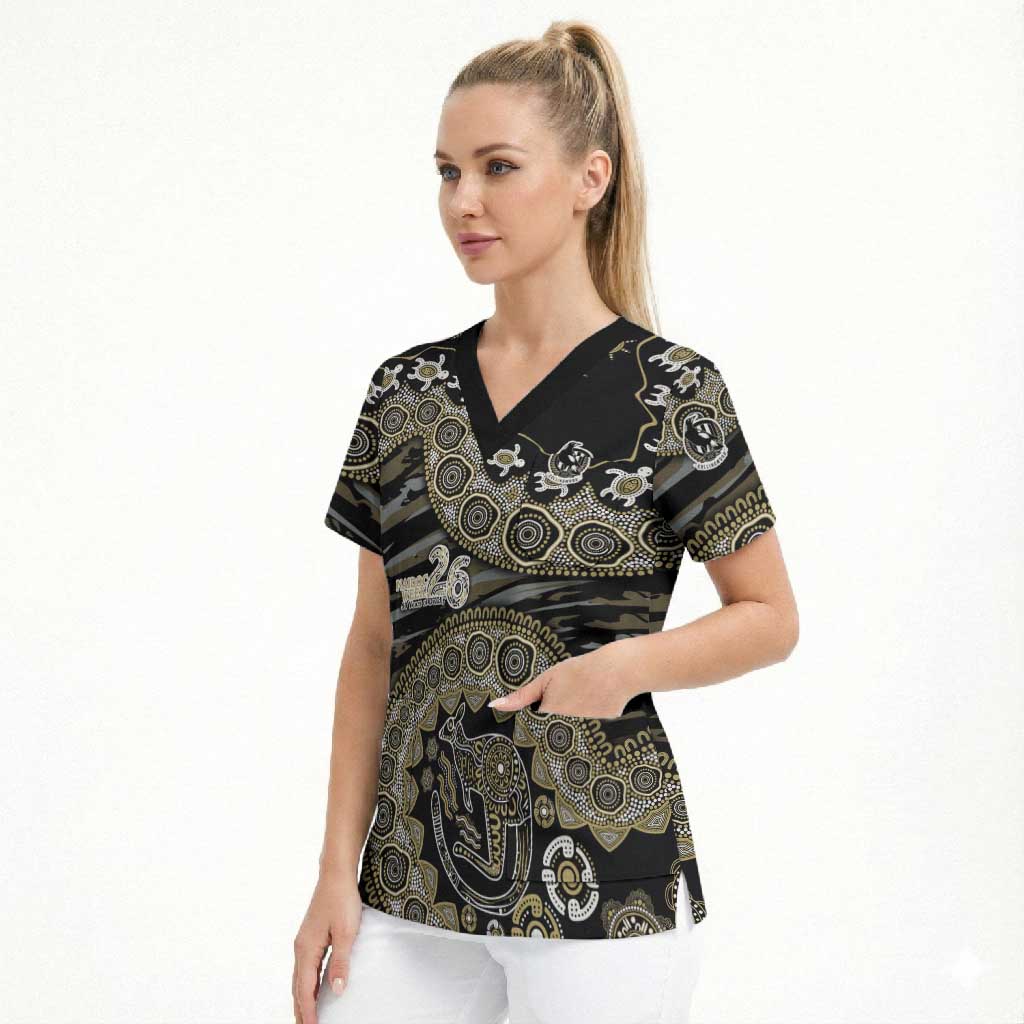 Collingwood Magpies NAIDOC Week 2026 Scrub Top Australian Aboriginal Dot Art Dreamtime Pattern Style