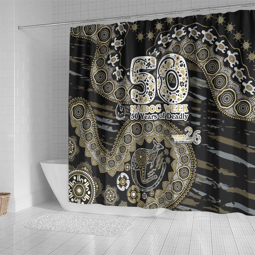 Collingwood Magpies NAIDOC Week 2026 Shower Curtain Australian Aboriginal Dot Art Dreamtime Pattern Style