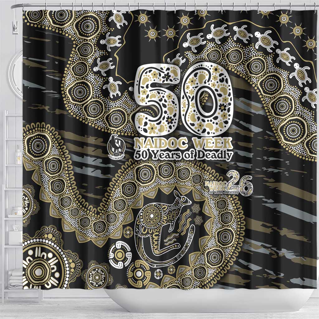 Collingwood Magpies NAIDOC Week 2026 Shower Curtain Australian Aboriginal Dot Art Dreamtime Pattern Style
