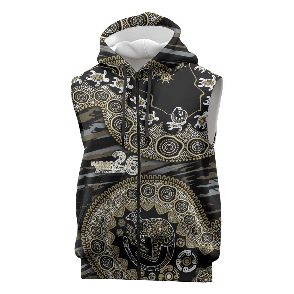 Collingwood Magpies NAIDOC Week 2026 Sleeveless Zip Hoodie Australian Aboriginal Dot Art Dreamtime Pattern Style