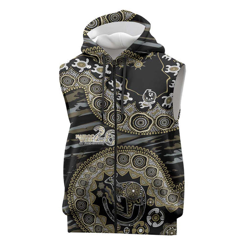 Collingwood Magpies NAIDOC Week 2026 Sleeveless Zip Hoodie Australian Aboriginal Dot Art Dreamtime Pattern Style