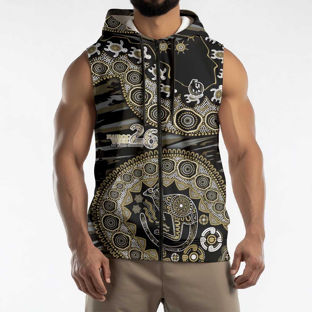 Collingwood Magpies NAIDOC Week 2026 Sleeveless Zip Hoodie Australian Aboriginal Dot Art Dreamtime Pattern Style