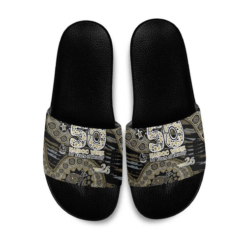 Collingwood Magpies NAIDOC Week 2026 Slide Sandals Australian Aboriginal Dot Art Dreamtime Pattern Style