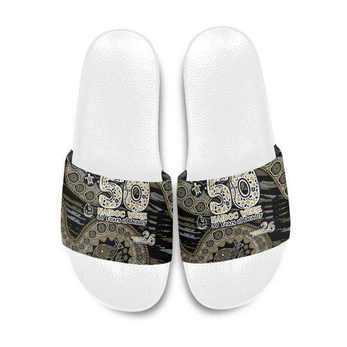 Collingwood Magpies NAIDOC Week 2026 Slide Sandals Australian Aboriginal Dot Art Dreamtime Pattern Style