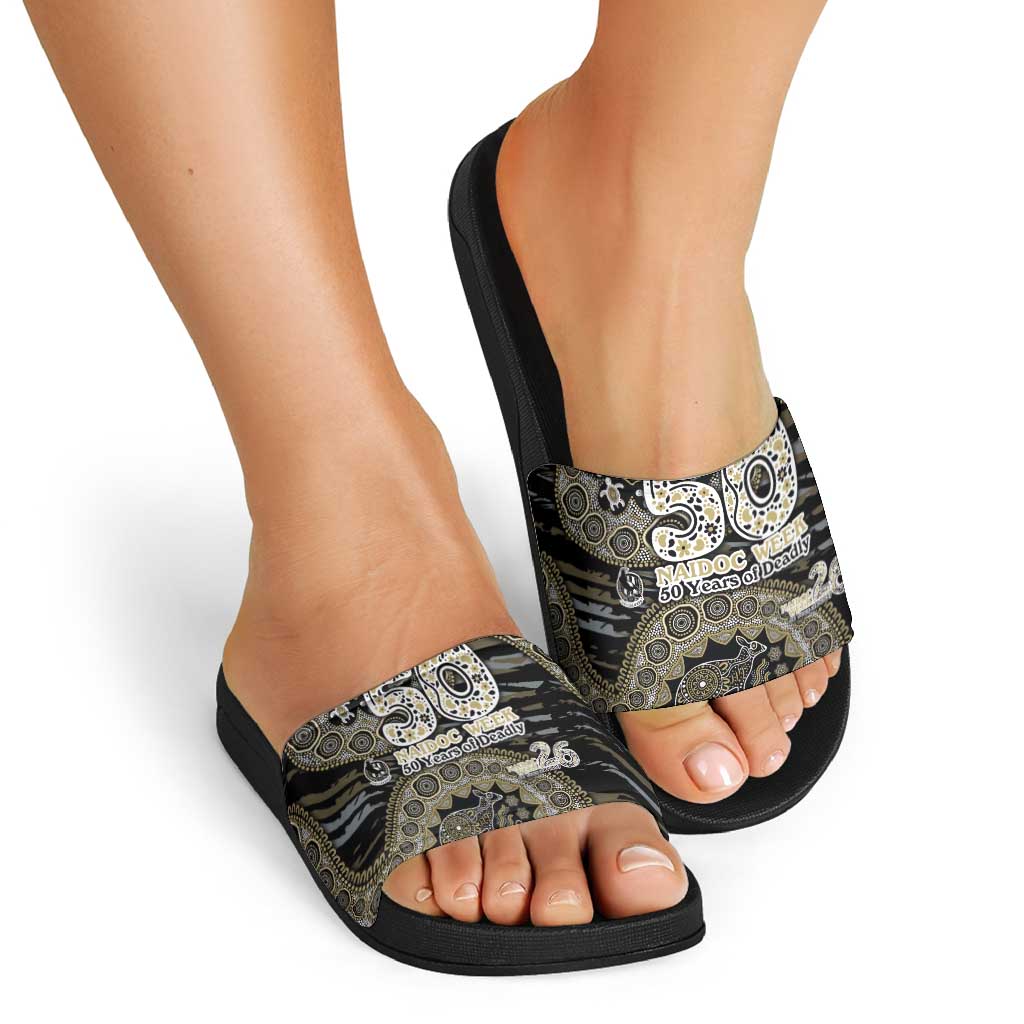 Collingwood Magpies NAIDOC Week 2026 Slide Sandals Australian Aboriginal Dot Art Dreamtime Pattern Style