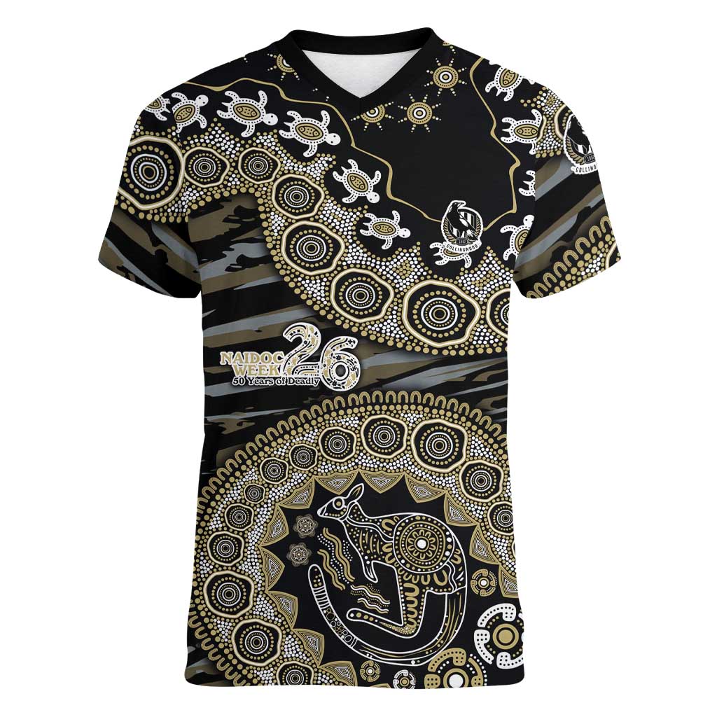 Collingwood Magpies NAIDOC Week 2026 Women V-Neck T-Shirt Australian Aboriginal Dot Art Dreamtime Pattern Style