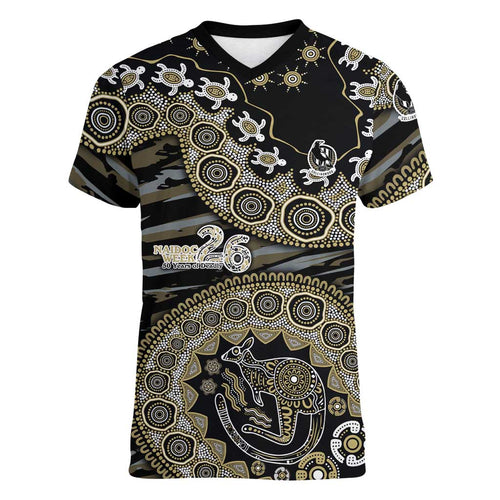 Collingwood Magpies NAIDOC Week 2026 Women V-Neck T-Shirt Australian Aboriginal Dot Art Dreamtime Pattern Style