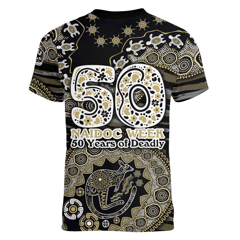 Collingwood Magpies NAIDOC Week 2026 Women V-Neck T-Shirt Australian Aboriginal Dot Art Dreamtime Pattern Style