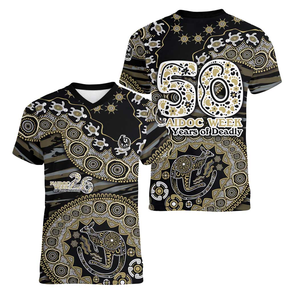 Collingwood Magpies NAIDOC Week 2026 Women V-Neck T-Shirt Australian Aboriginal Dot Art Dreamtime Pattern Style