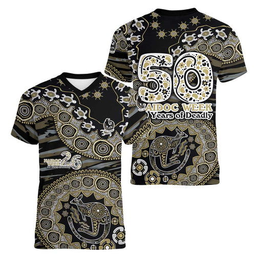 Collingwood Magpies NAIDOC Week 2026 Women V-Neck T-Shirt Australian Aboriginal Dot Art Dreamtime Pattern Style