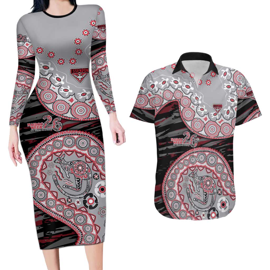 Essendon Bombers NAIDOC Week 2026 Couples Matching Long Sleeve Bodycon Dress and Hawaiian Shirt Australian Aboriginal Dot Art Dreamtime Pattern Style
