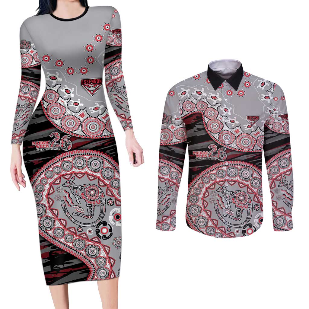 Essendon Bombers NAIDOC Week 2026 Couples Matching Long Sleeve Bodycon Dress and Long Sleeve Button Shirt Australian Aboriginal Dot Art Dreamtime Pattern Style