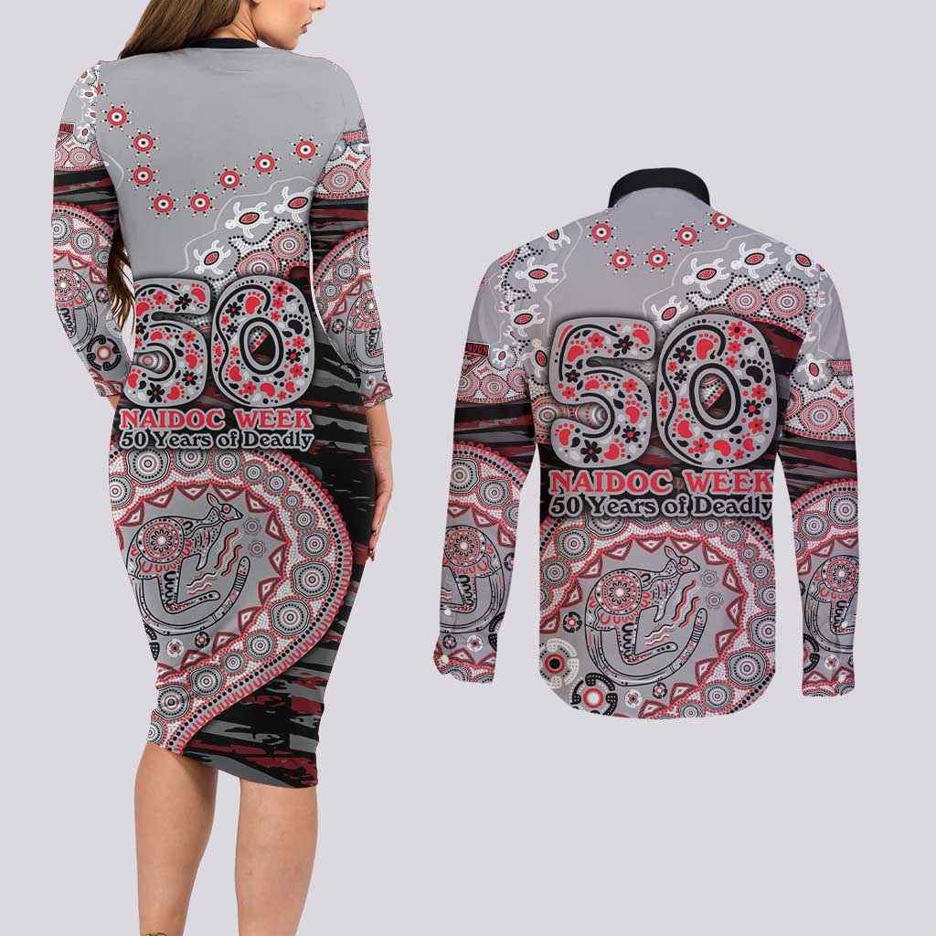 Essendon Bombers NAIDOC Week 2026 Couples Matching Long Sleeve Bodycon Dress and Long Sleeve Button Shirt Australian Aboriginal Dot Art Dreamtime Pattern Style