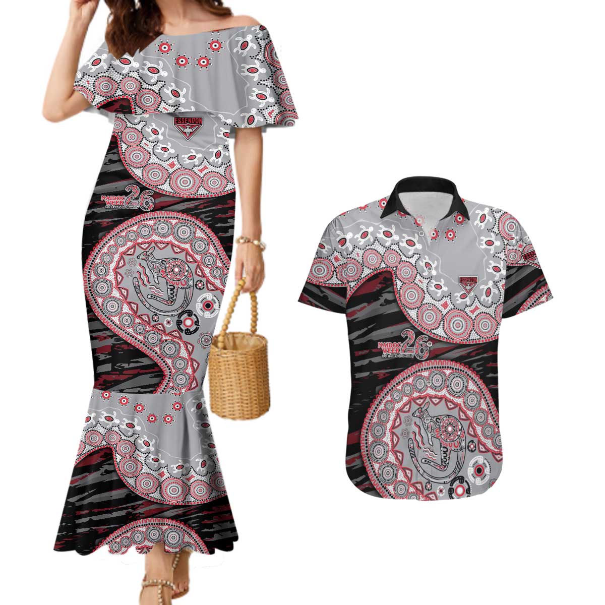 Essendon Bombers NAIDOC Week 2026 Couples Matching Mermaid Dress and Hawaiian Shirt Australian Aboriginal Dot Art Dreamtime Pattern Style