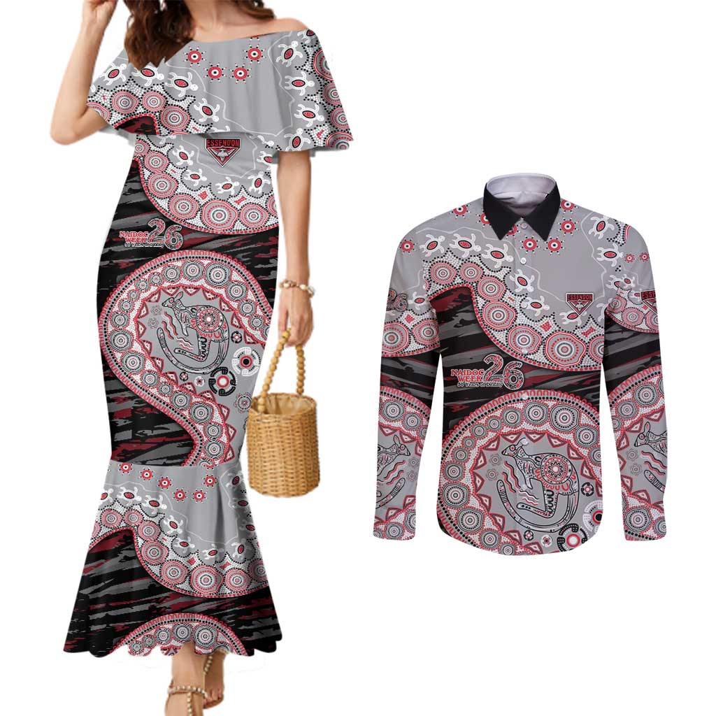 Essendon Bombers NAIDOC Week 2026 Couples Matching Mermaid Dress and Long Sleeve Button Shirt Australian Aboriginal Dot Art Dreamtime Pattern Style