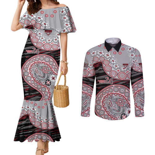 Essendon Bombers NAIDOC Week 2026 Couples Matching Mermaid Dress and Long Sleeve Button Shirt Australian Aboriginal Dot Art Dreamtime Pattern Style