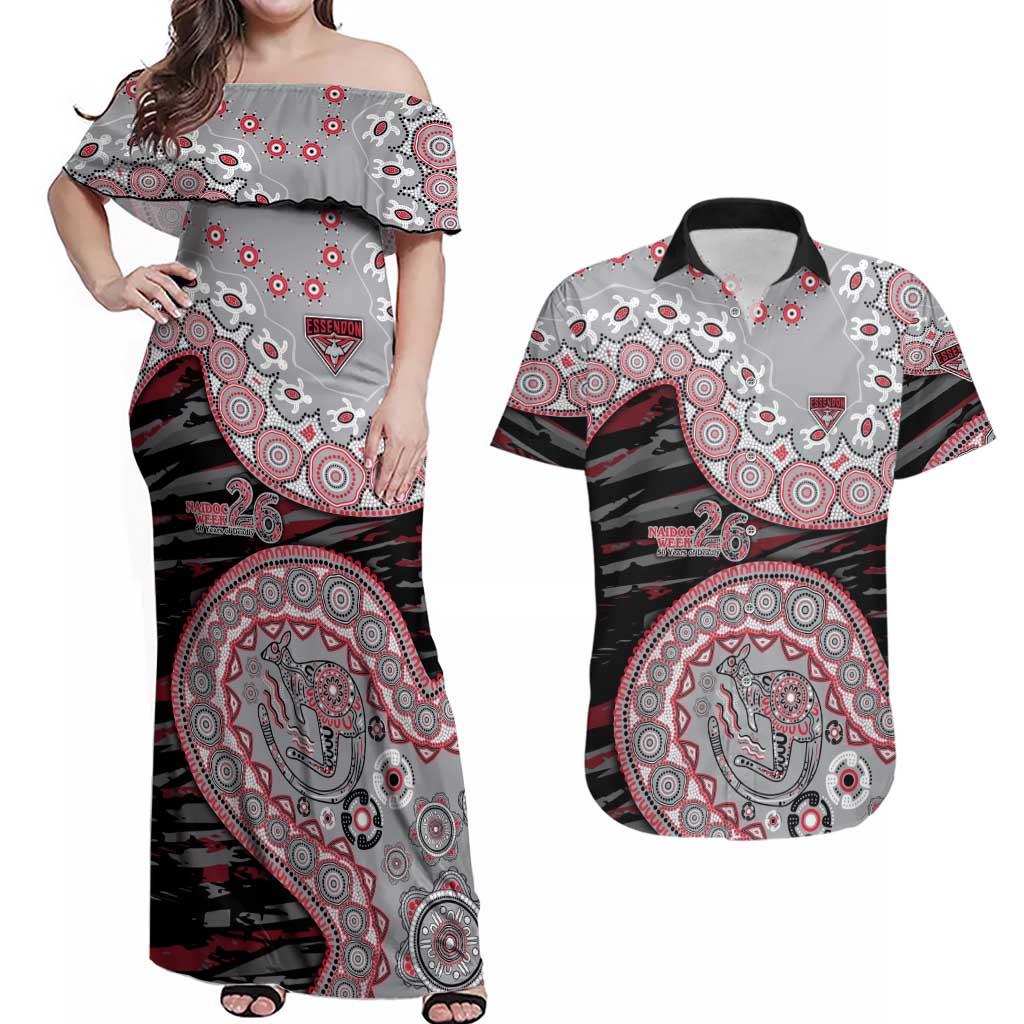 Essendon Bombers NAIDOC Week 2026 Couples Matching Off Shoulder Maxi Dress and Hawaiian Shirt Australian Aboriginal Dot Art Dreamtime Pattern Style