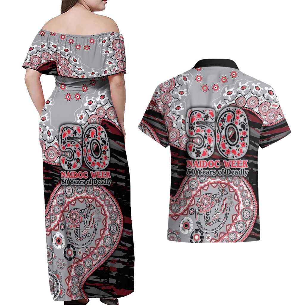 Essendon Bombers NAIDOC Week 2026 Couples Matching Off Shoulder Maxi Dress and Hawaiian Shirt Australian Aboriginal Dot Art Dreamtime Pattern Style