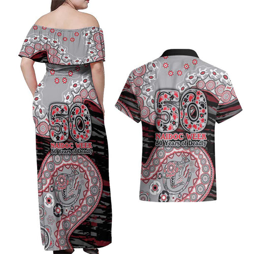 Essendon Bombers NAIDOC Week 2026 Couples Matching Off Shoulder Maxi Dress and Hawaiian Shirt Australian Aboriginal Dot Art Dreamtime Pattern Style