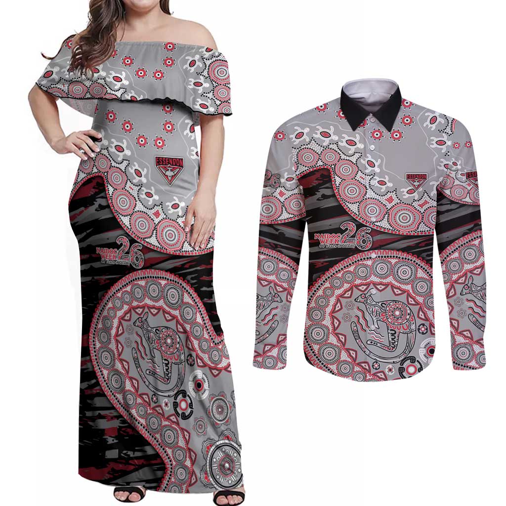 Essendon Bombers NAIDOC Week 2026 Couples Matching Off Shoulder Maxi Dress and Long Sleeve Button Shirt Australian Aboriginal Dot Art Dreamtime Pattern Style