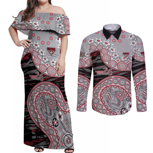 Essendon Bombers NAIDOC Week 2026 Couples Matching Off Shoulder Maxi Dress and Long Sleeve Button Shirt Australian Aboriginal Dot Art Dreamtime Pattern Style