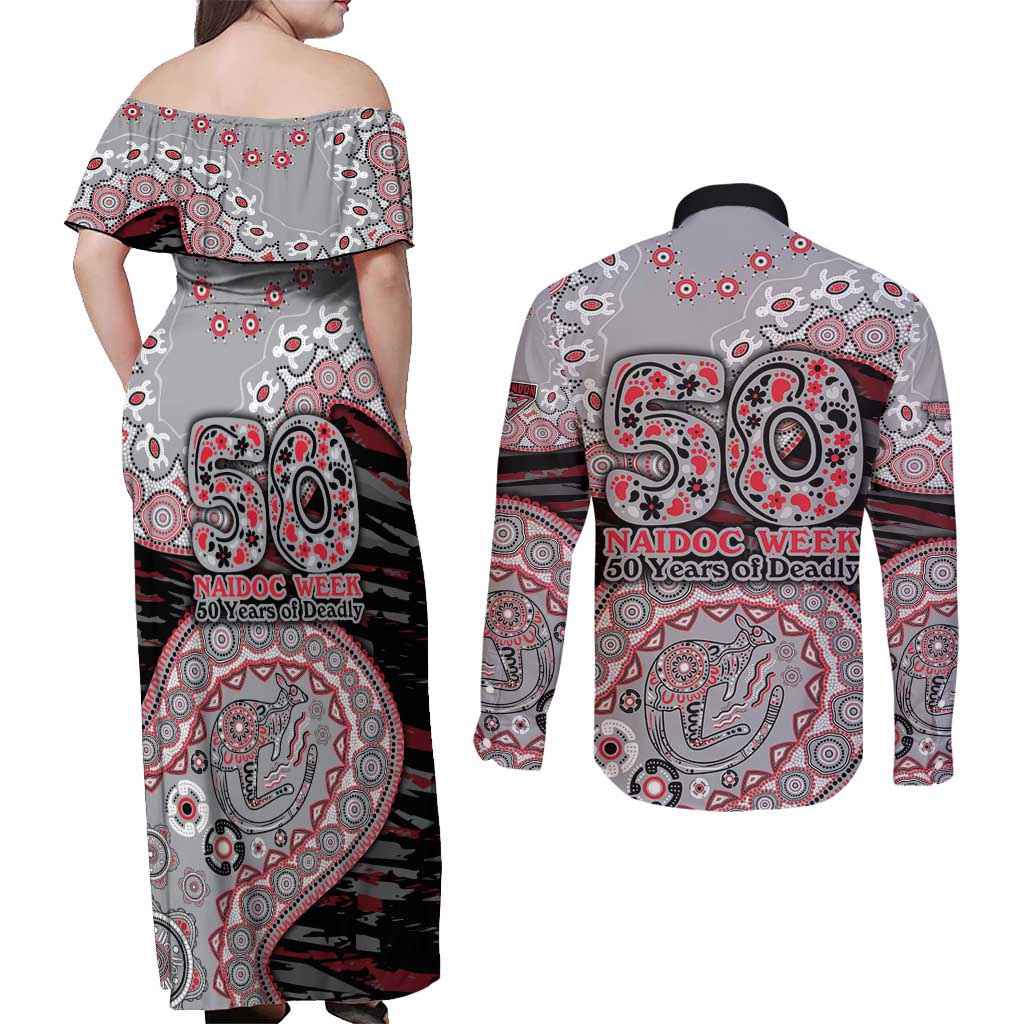 Essendon Bombers NAIDOC Week 2026 Couples Matching Off Shoulder Maxi Dress and Long Sleeve Button Shirt Australian Aboriginal Dot Art Dreamtime Pattern Style