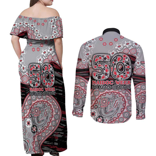 Essendon Bombers NAIDOC Week 2026 Couples Matching Off Shoulder Maxi Dress and Long Sleeve Button Shirt Australian Aboriginal Dot Art Dreamtime Pattern Style