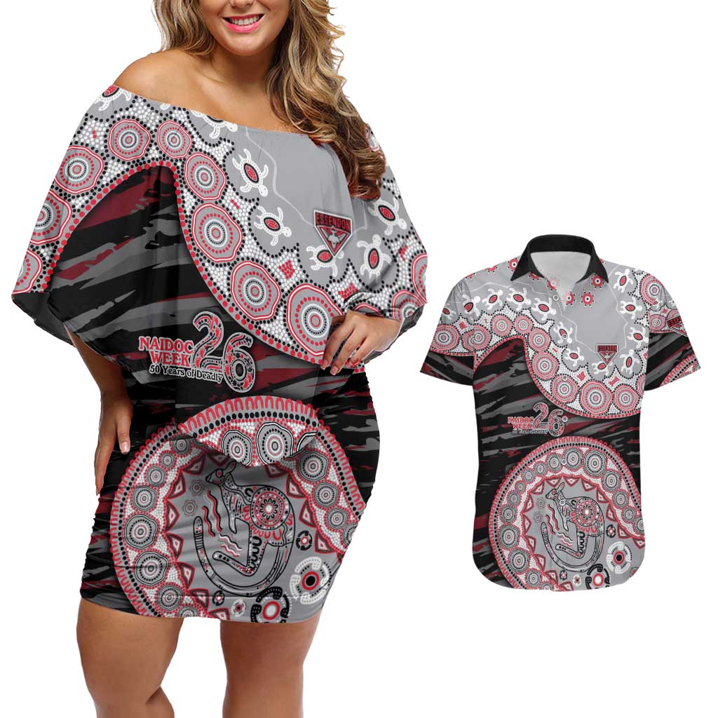 Essendon Bombers NAIDOC Week 2026 Couples Matching Off Shoulder Short Dress and Hawaiian Shirt Australian Aboriginal Dot Art Dreamtime Pattern Style