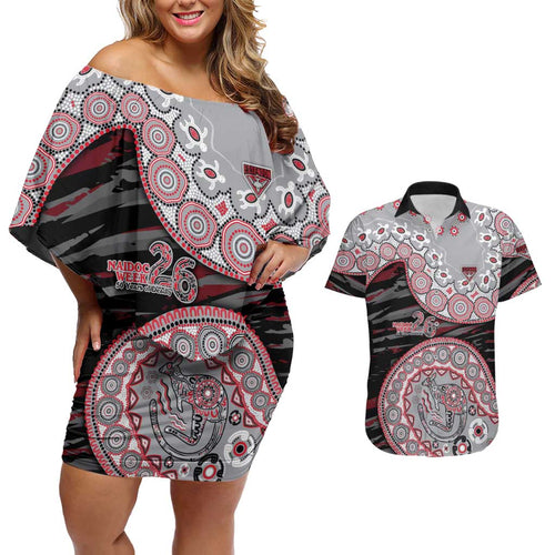 Essendon Bombers NAIDOC Week 2026 Couples Matching Off Shoulder Short Dress and Hawaiian Shirt Australian Aboriginal Dot Art Dreamtime Pattern Style