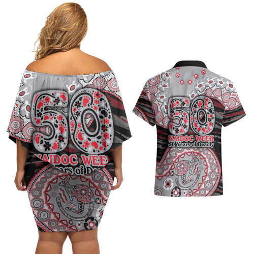 Essendon Bombers NAIDOC Week 2026 Couples Matching Off Shoulder Short Dress and Hawaiian Shirt Australian Aboriginal Dot Art Dreamtime Pattern Style