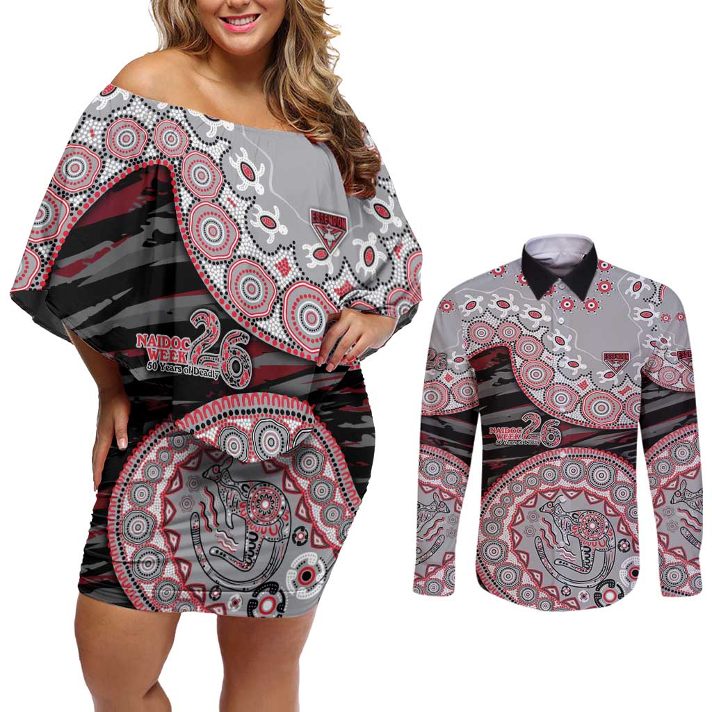 Essendon Bombers NAIDOC Week 2026 Couples Matching Off Shoulder Short Dress and Long Sleeve Button Shirt Australian Aboriginal Dot Art Dreamtime Pattern Style