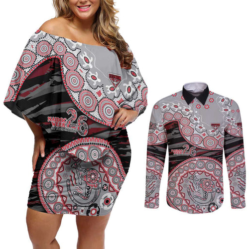 Essendon Bombers NAIDOC Week 2026 Couples Matching Off Shoulder Short Dress and Long Sleeve Button Shirt Australian Aboriginal Dot Art Dreamtime Pattern Style
