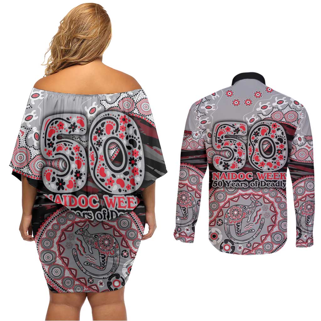 Essendon Bombers NAIDOC Week 2026 Couples Matching Off Shoulder Short Dress and Long Sleeve Button Shirt Australian Aboriginal Dot Art Dreamtime Pattern Style
