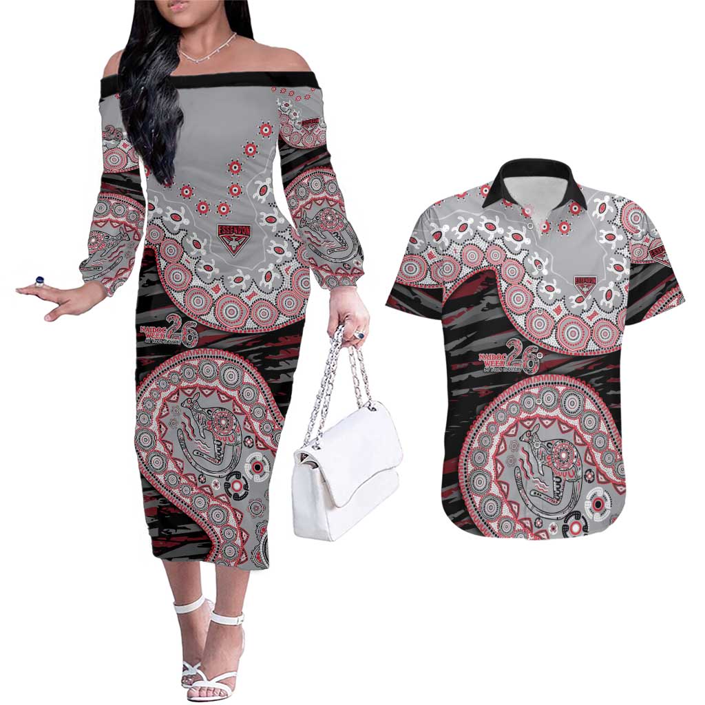 Essendon Bombers NAIDOC Week 2026 Couples Matching Off The Shoulder Long Sleeve Dress and Hawaiian Shirt Australian Aboriginal Dot Art Dreamtime Pattern Style