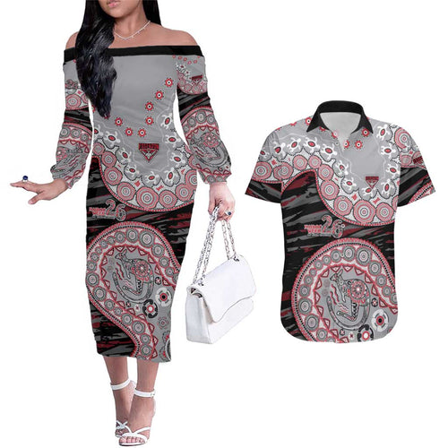 Essendon Bombers NAIDOC Week 2026 Couples Matching Off The Shoulder Long Sleeve Dress and Hawaiian Shirt Australian Aboriginal Dot Art Dreamtime Pattern Style
