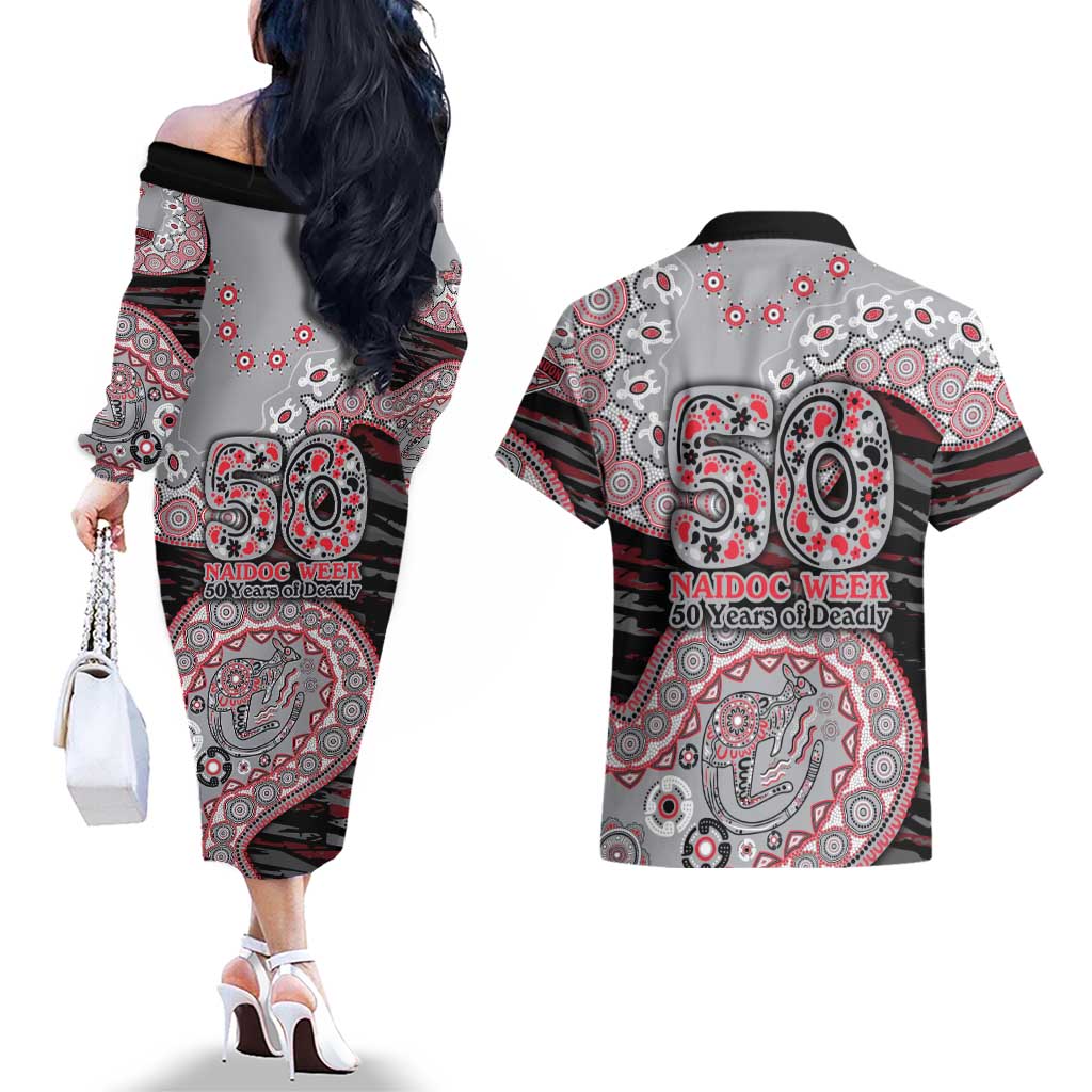Essendon Bombers NAIDOC Week 2026 Couples Matching Off The Shoulder Long Sleeve Dress and Hawaiian Shirt Australian Aboriginal Dot Art Dreamtime Pattern Style