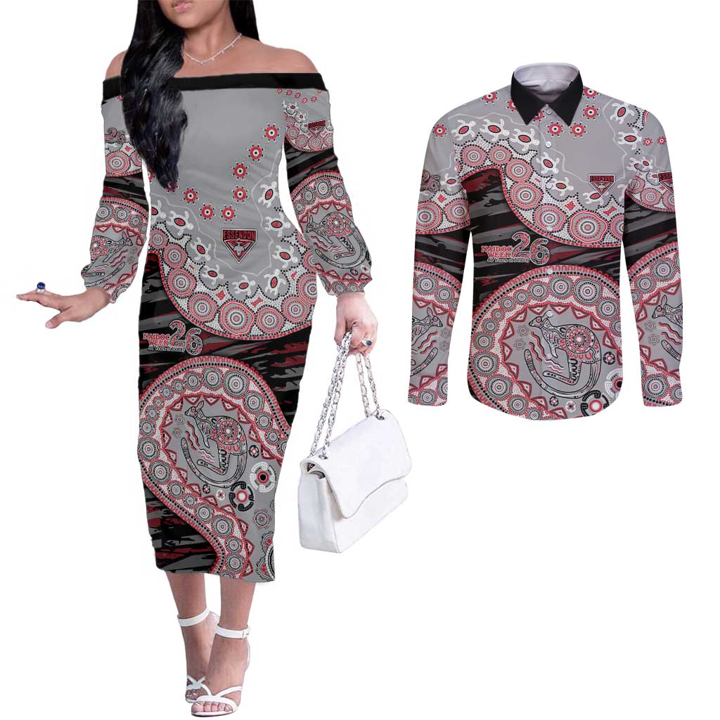 Essendon Bombers NAIDOC Week 2026 Couples Matching Off The Shoulder Long Sleeve Dress and Long Sleeve Button Shirt Australian Aboriginal Dot Art Dreamtime Pattern Style