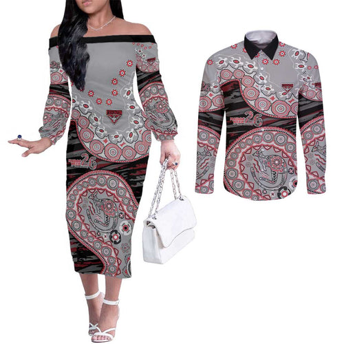 Essendon Bombers NAIDOC Week 2026 Couples Matching Off The Shoulder Long Sleeve Dress and Long Sleeve Button Shirt Australian Aboriginal Dot Art Dreamtime Pattern Style