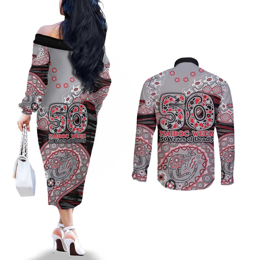 Essendon Bombers NAIDOC Week 2026 Couples Matching Off The Shoulder Long Sleeve Dress and Long Sleeve Button Shirt Australian Aboriginal Dot Art Dreamtime Pattern Style