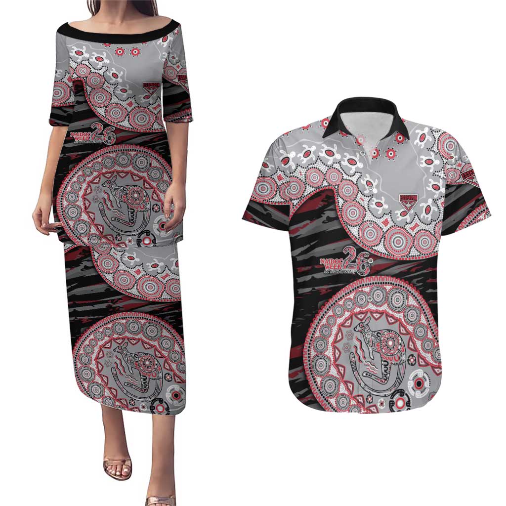 Essendon Bombers NAIDOC Week 2026 Couples Matching Puletasi and Hawaiian Shirt Australian Aboriginal Dot Art Dreamtime Pattern Style