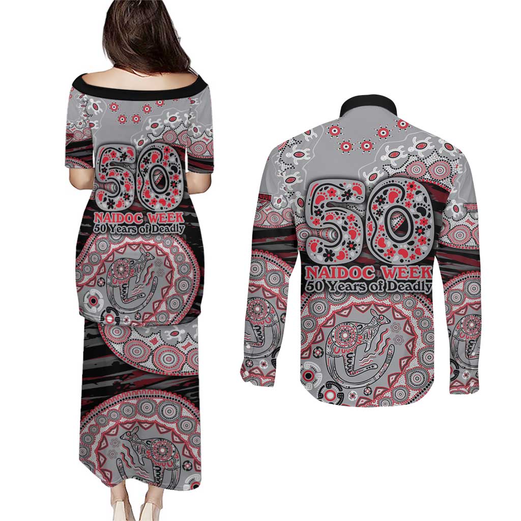 Essendon Bombers NAIDOC Week 2026 Couples Matching Puletasi and Long Sleeve Button Shirt Australian Aboriginal Dot Art Dreamtime Pattern Style