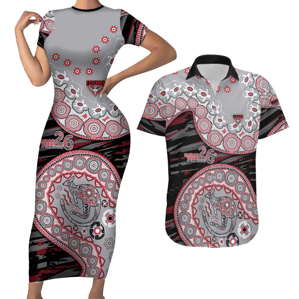 Essendon Bombers NAIDOC Week 2026 Couples Matching Short Sleeve Bodycon Dress and Hawaiian Shirt Australian Aboriginal Dot Art Dreamtime Pattern Style