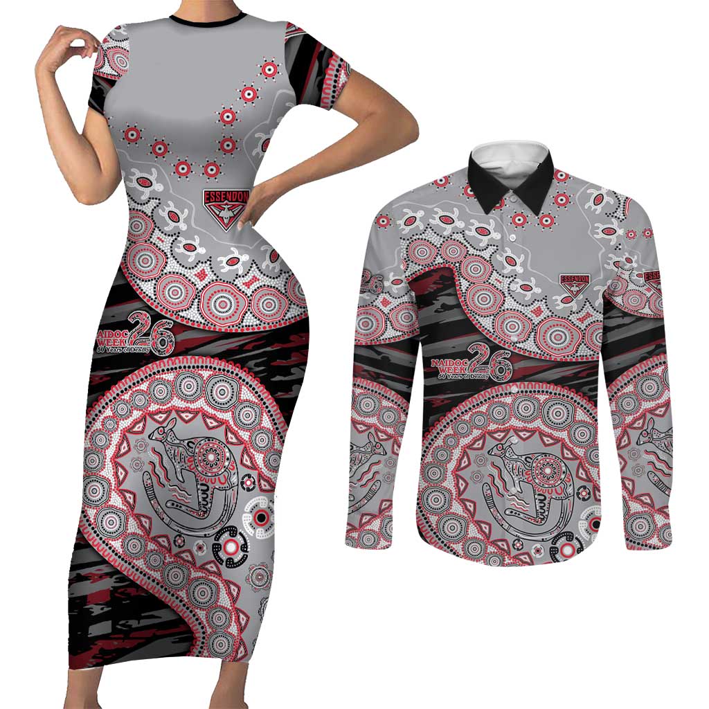 Essendon Bombers NAIDOC Week 2026 Couples Matching Short Sleeve Bodycon Dress and Long Sleeve Button Shirt Australian Aboriginal Dot Art Dreamtime Pattern Style