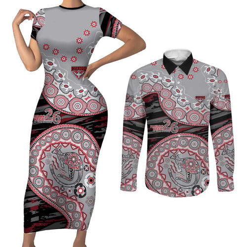Essendon Bombers NAIDOC Week 2026 Couples Matching Short Sleeve Bodycon Dress and Long Sleeve Button Shirt Australian Aboriginal Dot Art Dreamtime Pattern Style