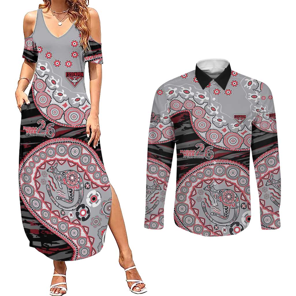 Essendon Bombers NAIDOC Week 2026 Couples Matching Summer Maxi Dress and Long Sleeve Button Shirt Australian Aboriginal Dot Art Dreamtime Pattern Style